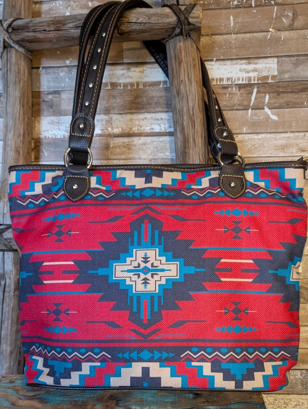 New Montana West Canvas Aztec Handbag With Striped Back And Studded Handles